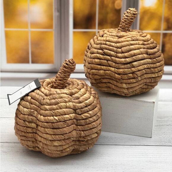 2 Threshold Pumpkins Fall 2021 Brown Woven Corn Husk New Set of 2 Boho Pumpkin - Picture 1 of 1